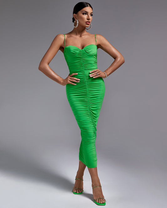 LLstyle Green Ruched Spaghetti Strap Midi Dress