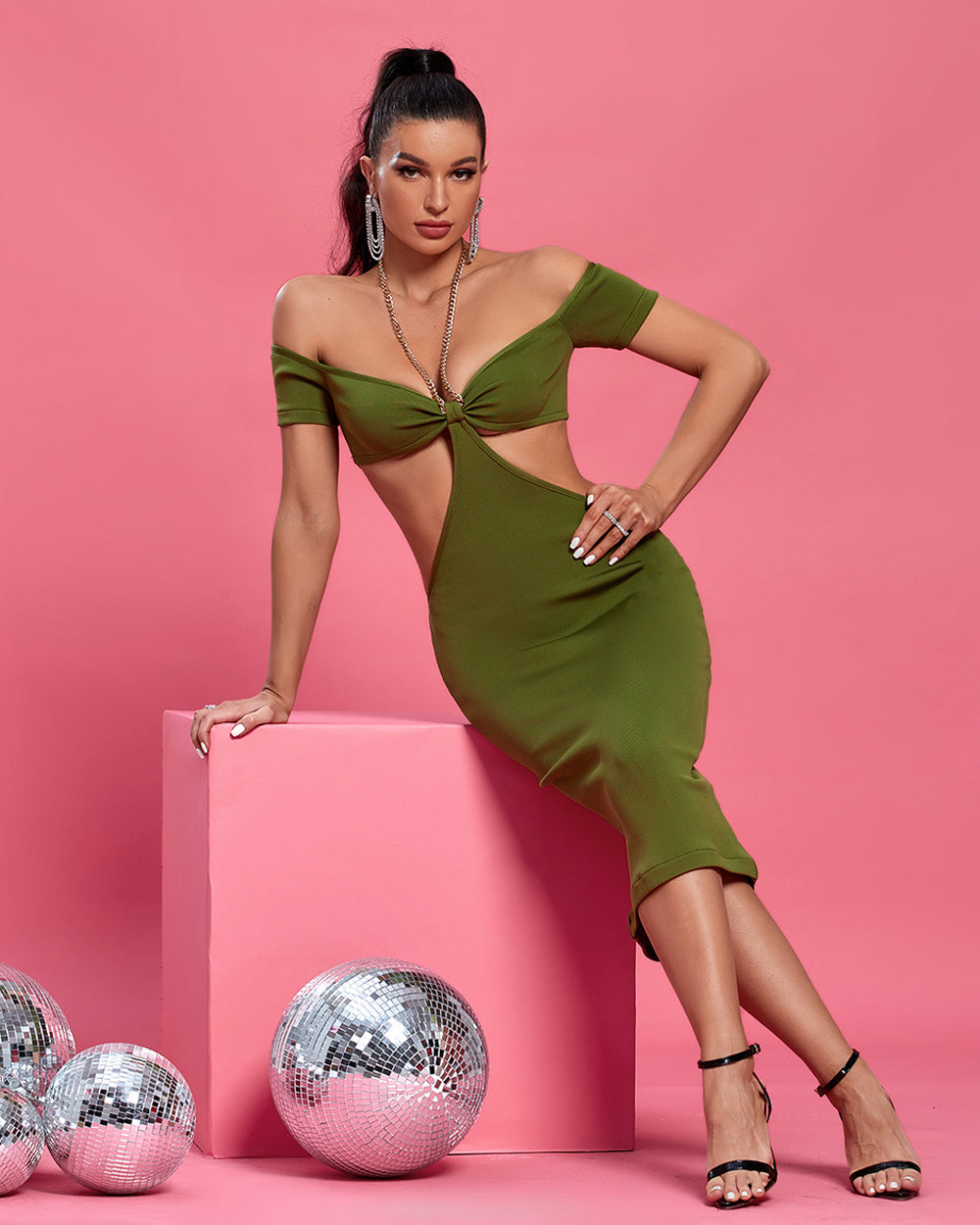 LLstyle Olive Cut-Out Off-Shoulder Midi Dress