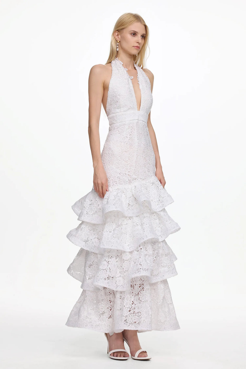 Juliette Lace Cascade Halter Maxi Dress