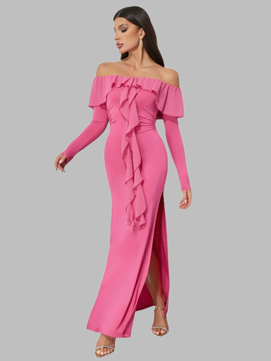 LLstyle Off Shoulder Long Sleeve Solid Color Dress