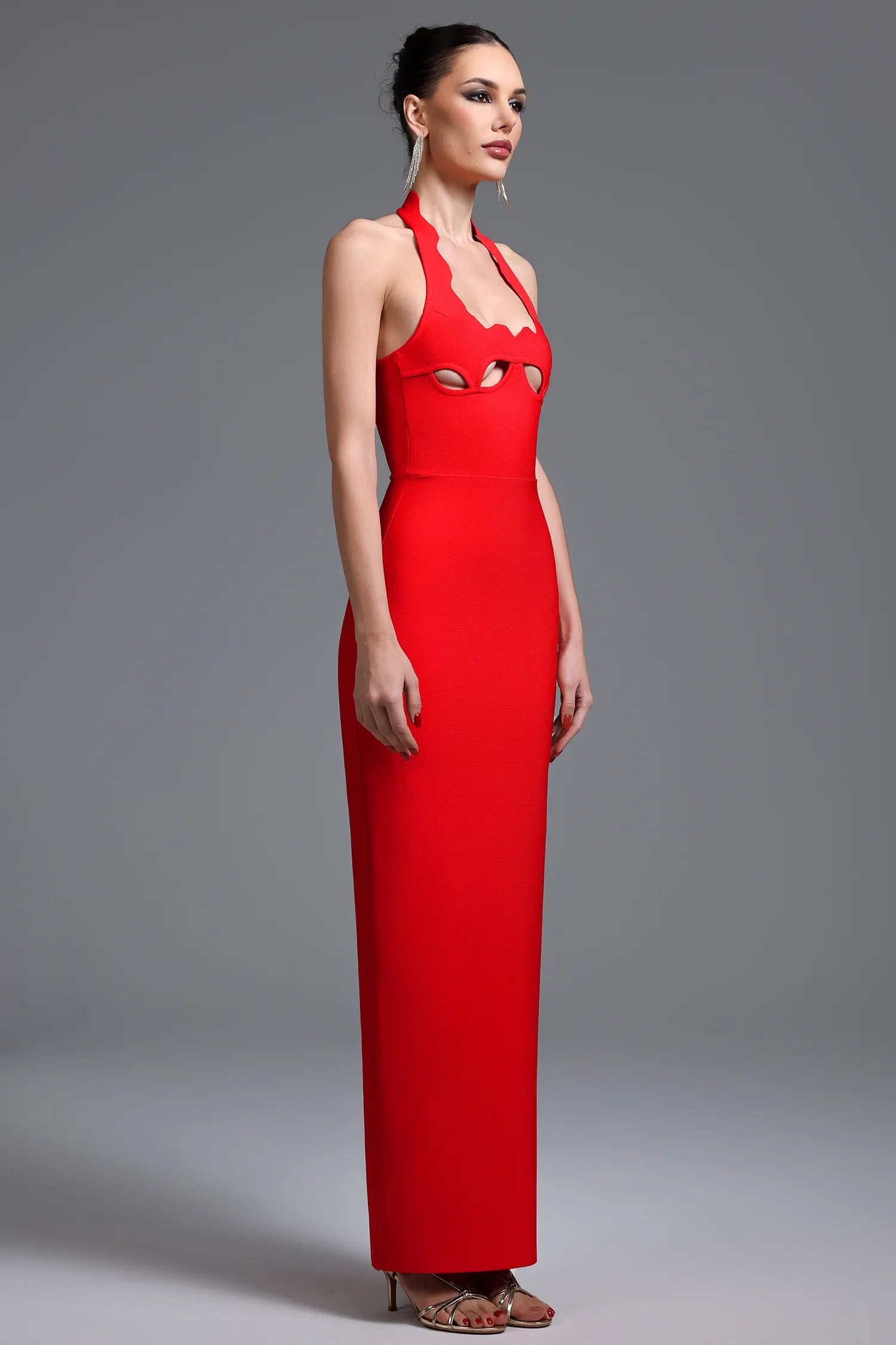 LLstyle Red Scalloped Halter Cut-Out Maxi Dress