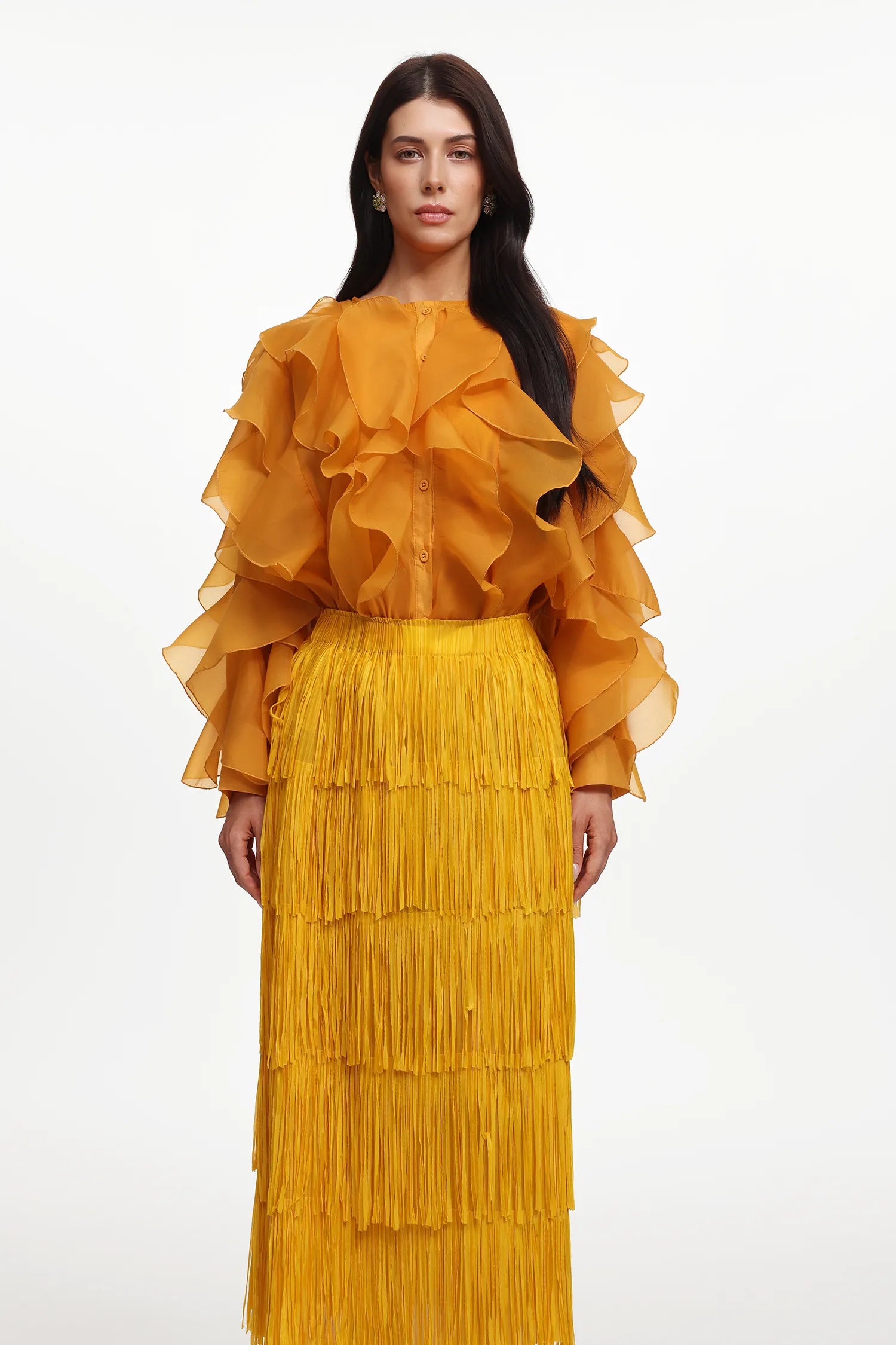 LLstyle Golden Ruffle Blouse & Fringe Maxi Skirt Set