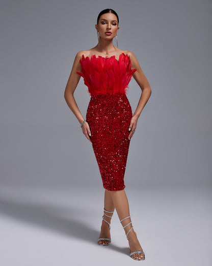 LLstyle Red Feather & Sequin Luxe Midi Dress