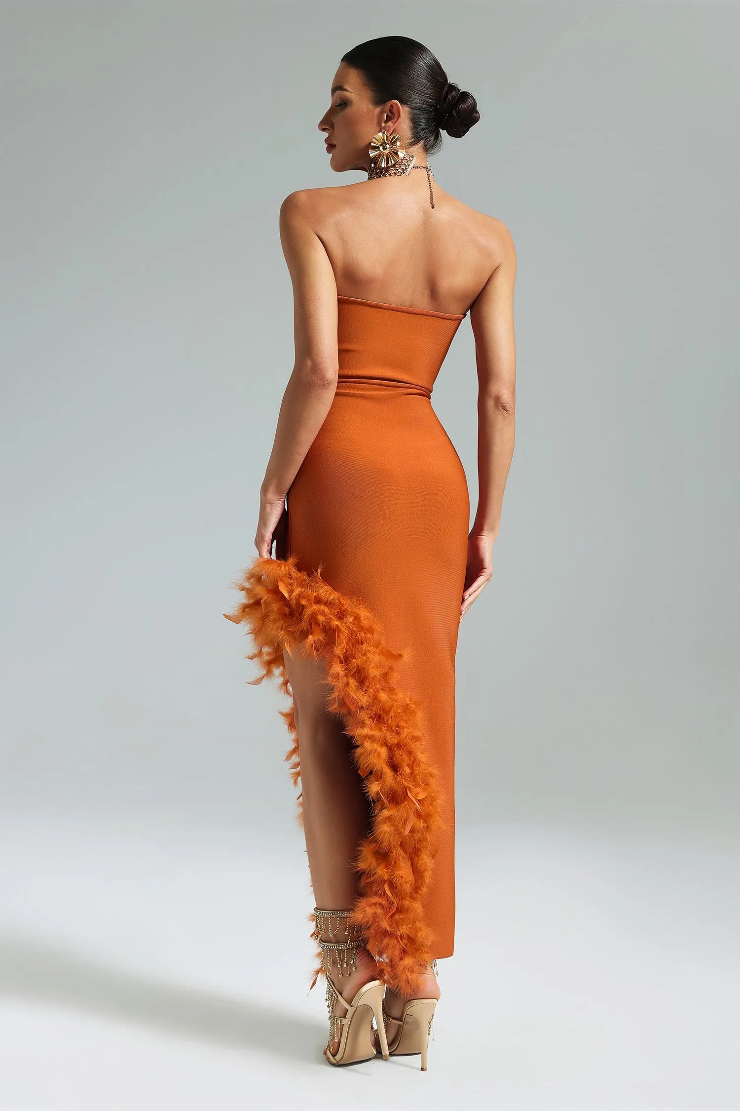 Llstyle Feather-Trim Strapless Midi Dress