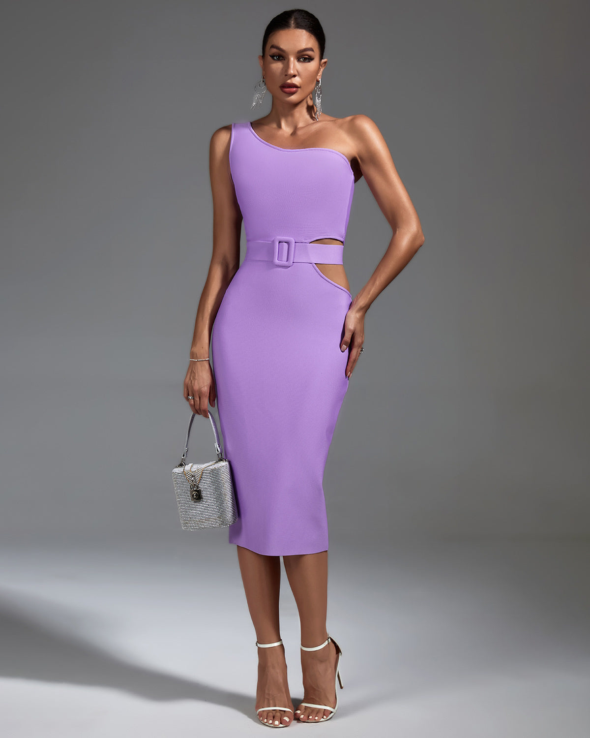 LLstyle Lilac One Shoulder Belted Midi Dress