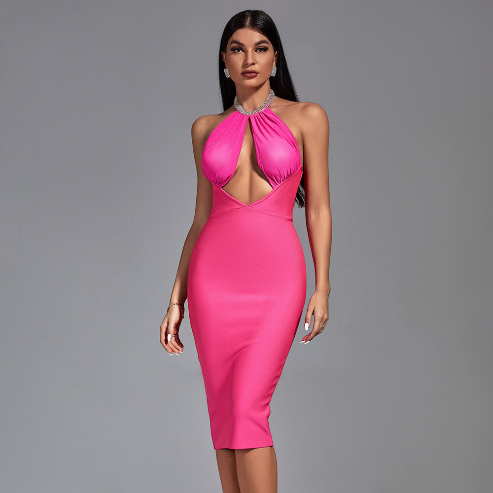 LLstyle Hot Pink Halter Cut-Out Midi Dress