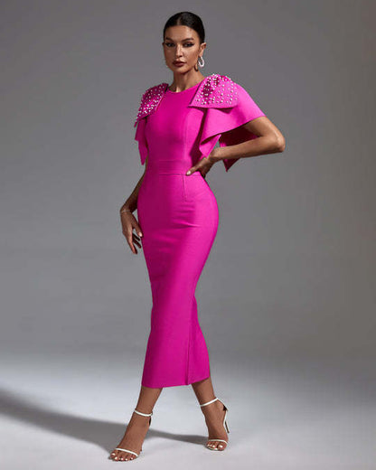 LLstyle Fuchsia Pearl Cape Sleeve Midi Dress