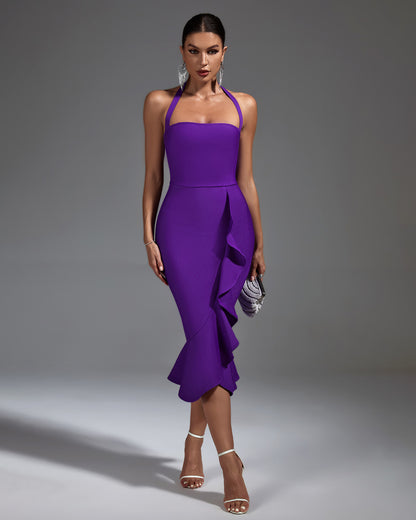 LLstyle Violet Ruffle Halter Midi Dress