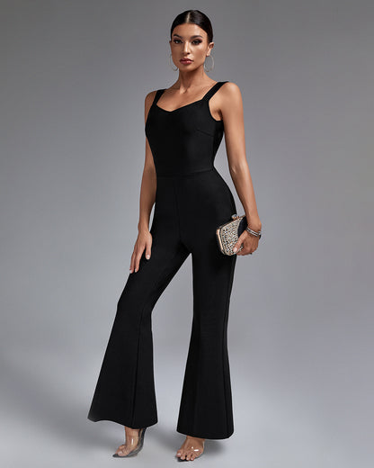 LLstyle Black Wide-Strap Flare-Leg Jumpsuit