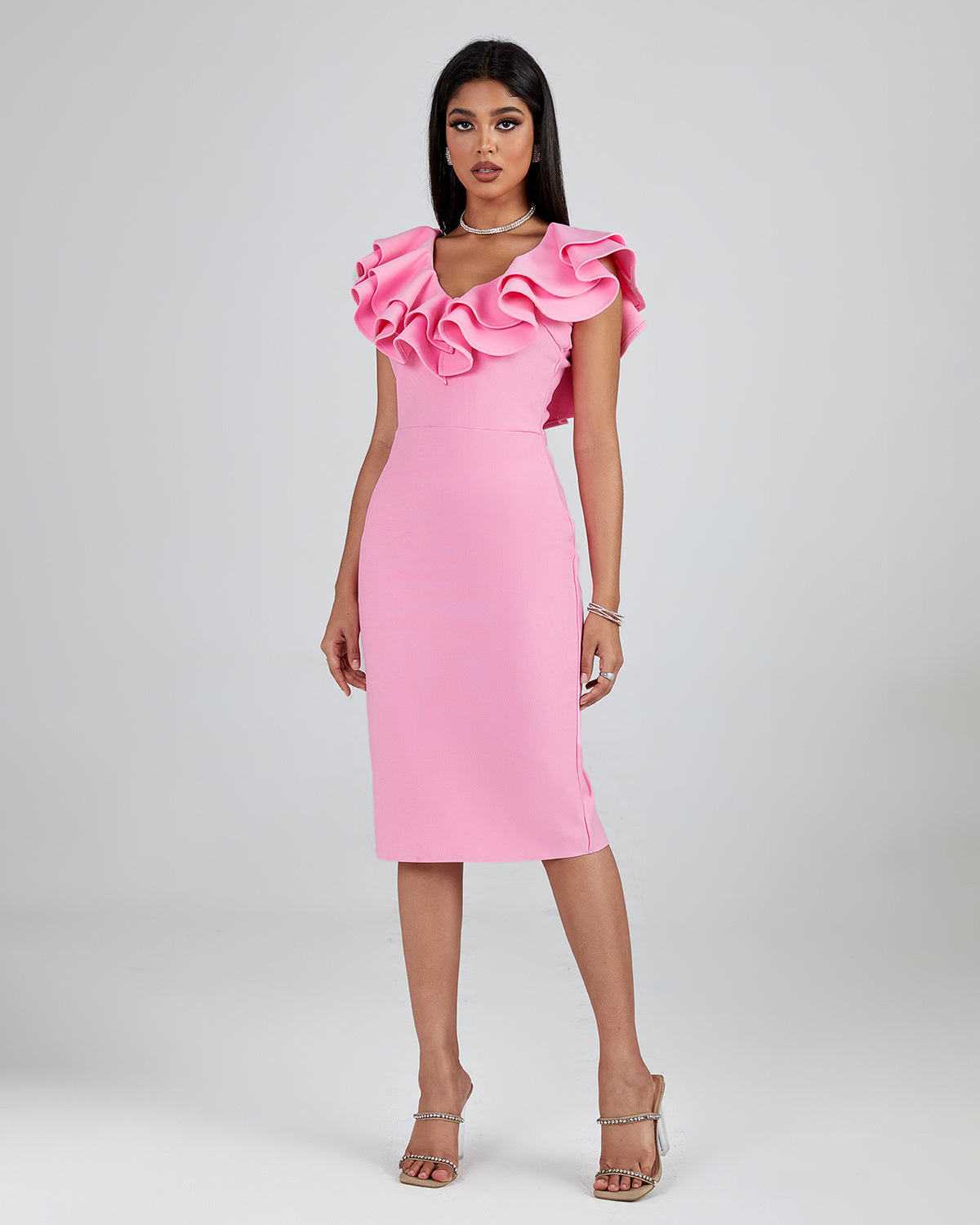 LLstyle Pink Ruffle Neck Midi Dress