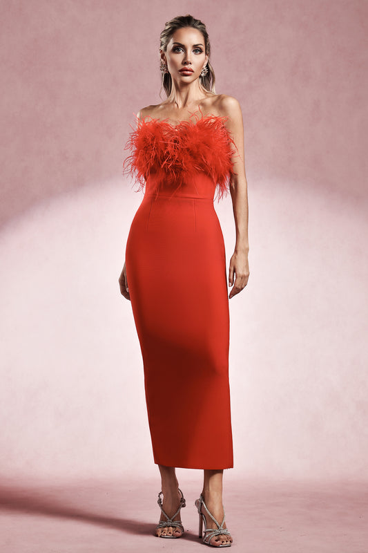 LLstyle Feather-Trim Strapless Midi Dress