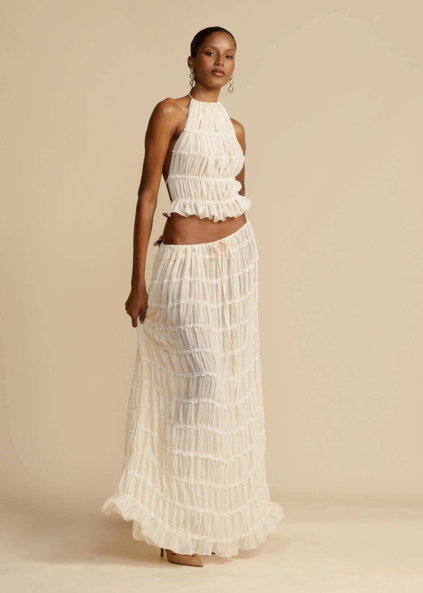 LLstyle Ruffle Halter Crop Top & Tiered Maxi Skirt Set