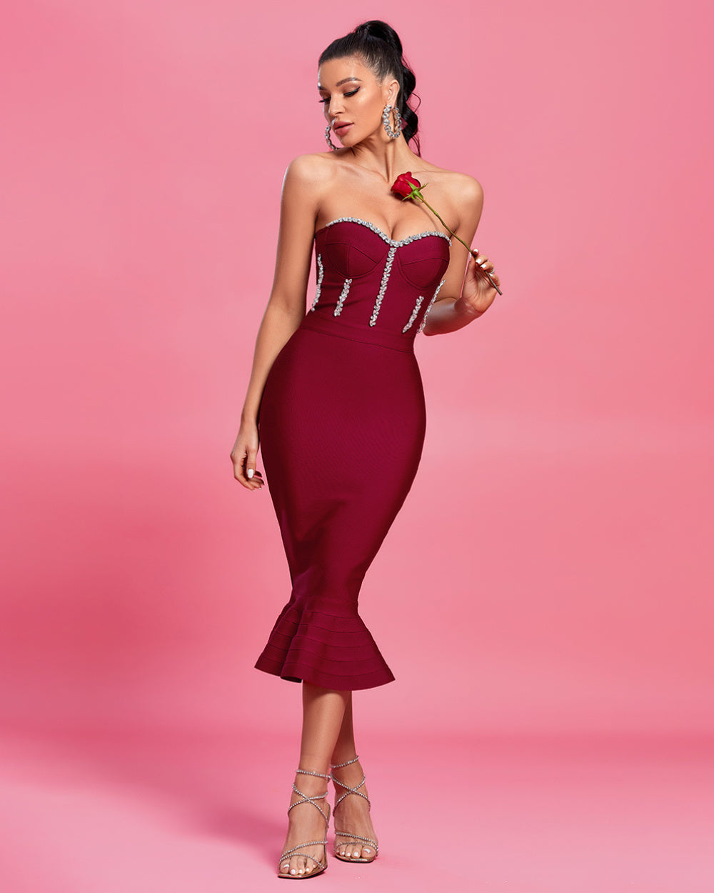 LLstyle Strapless Embellished Midi Dress