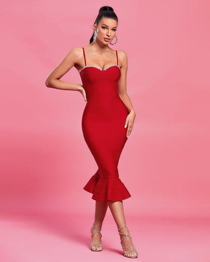 LLstyle Red Embellished Bustier Midi Dress