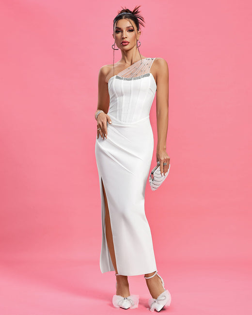 LLstyle White One-Shoulder Embellished Maxi Dress