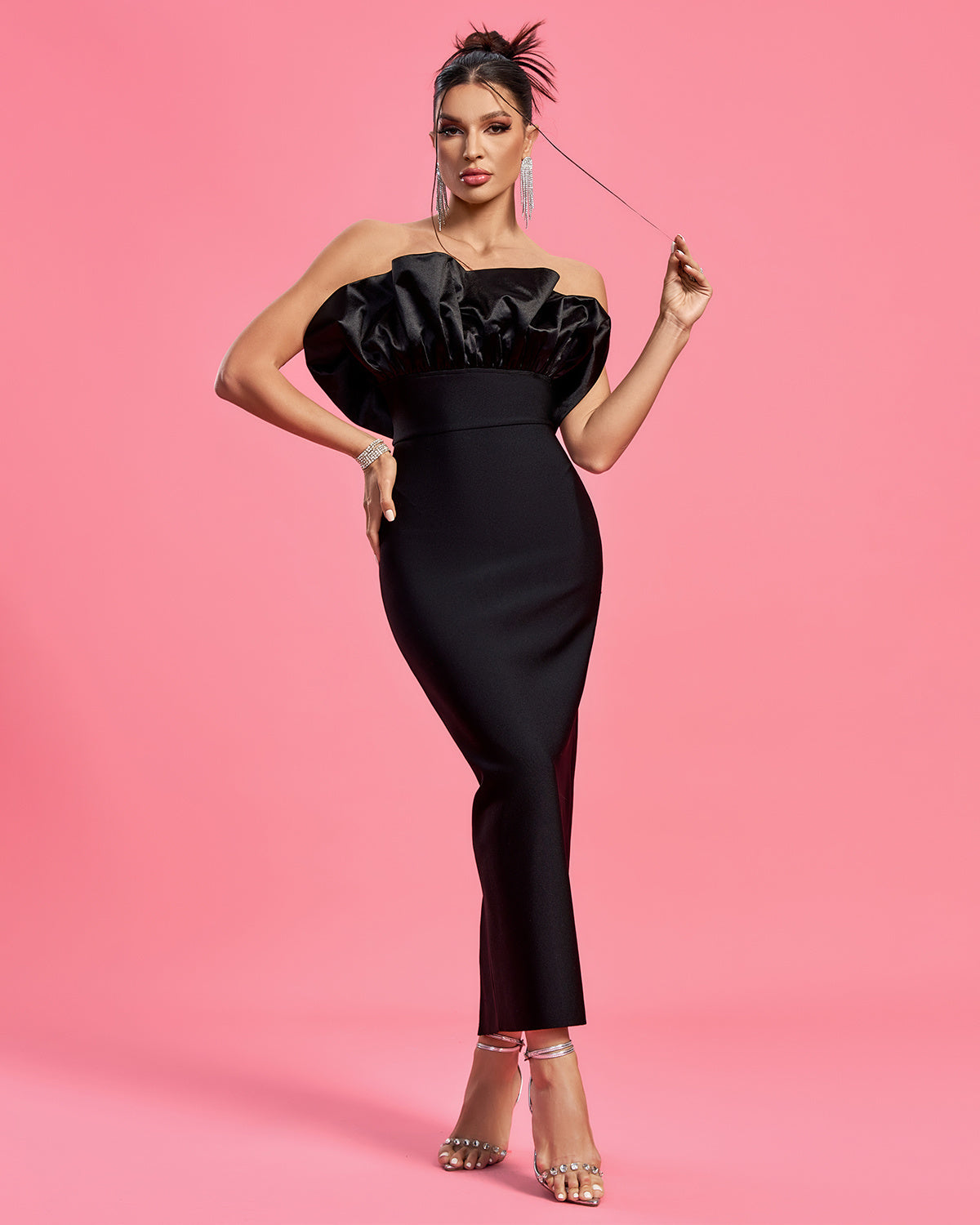 LLstyle Black Off-Shoulder Satin Bodycon Maxi Dress