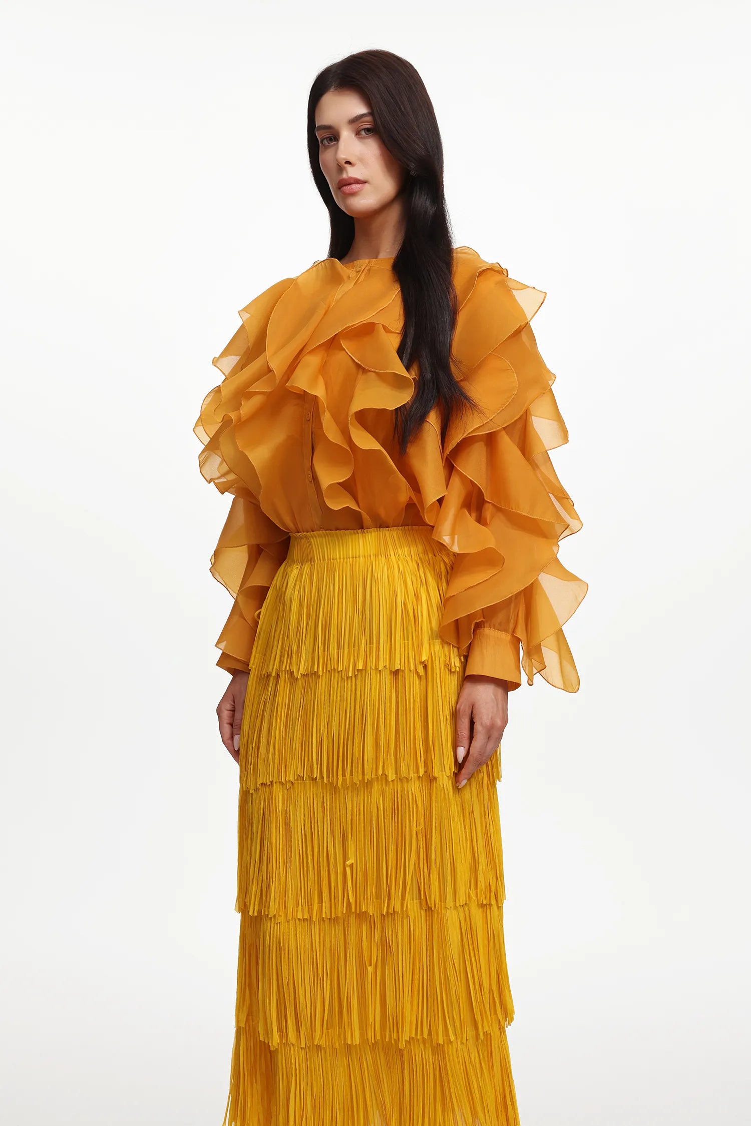LLstyle Golden Ruffle Blouse & Fringe Maxi Skirt Set