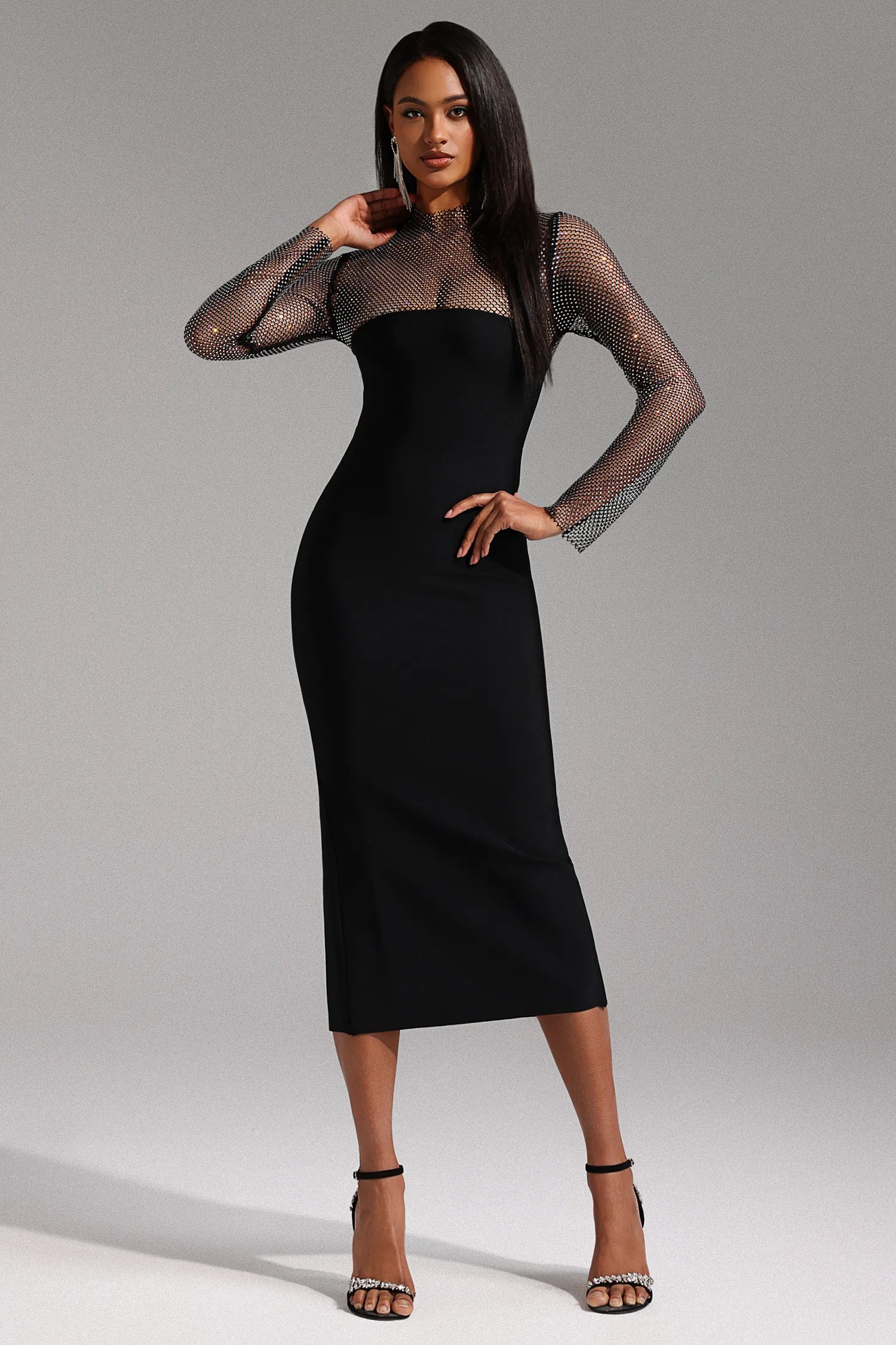 LLstyle Sheer Mesh Long Sleeve Midi Dress