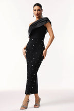 Kaelis Black One-Shoulder Midi Dress