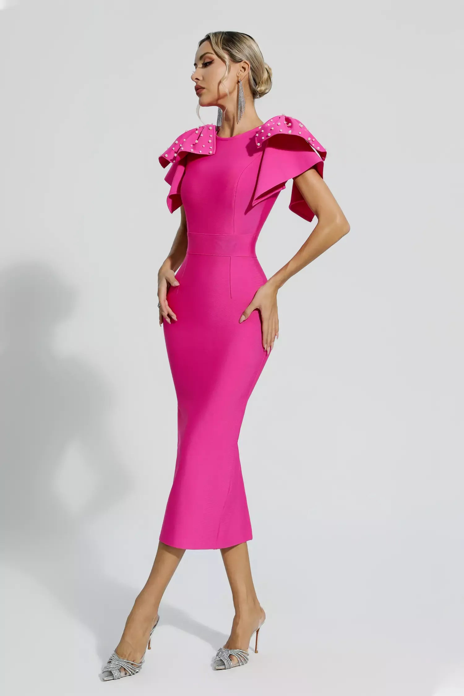 LLstyle Fuchsia Pearl Cape Sleeve Midi Dress