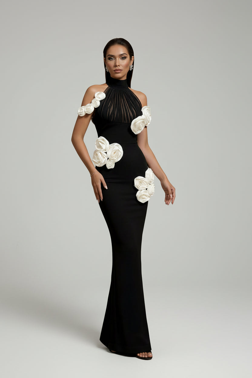 LLstyle Black 3D Floral Halter Gown