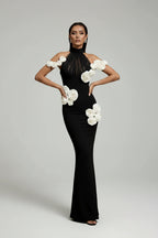 Virelle Black 3D Floral Halter Gown
