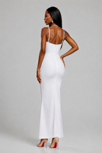 Silver Floral Elegance White Halter Maxi Dress