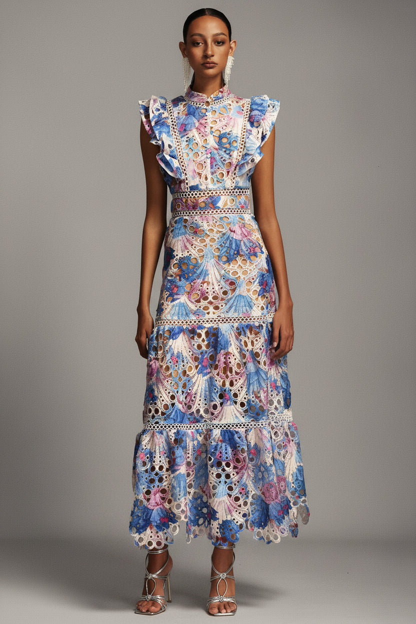 Flore Printed Lace Ruffle Midi Dress
