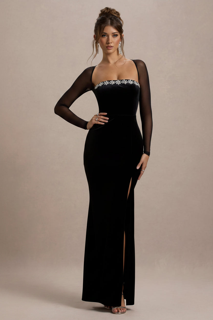 Kayla Rhinestone Trim Velvet Maxi Dress