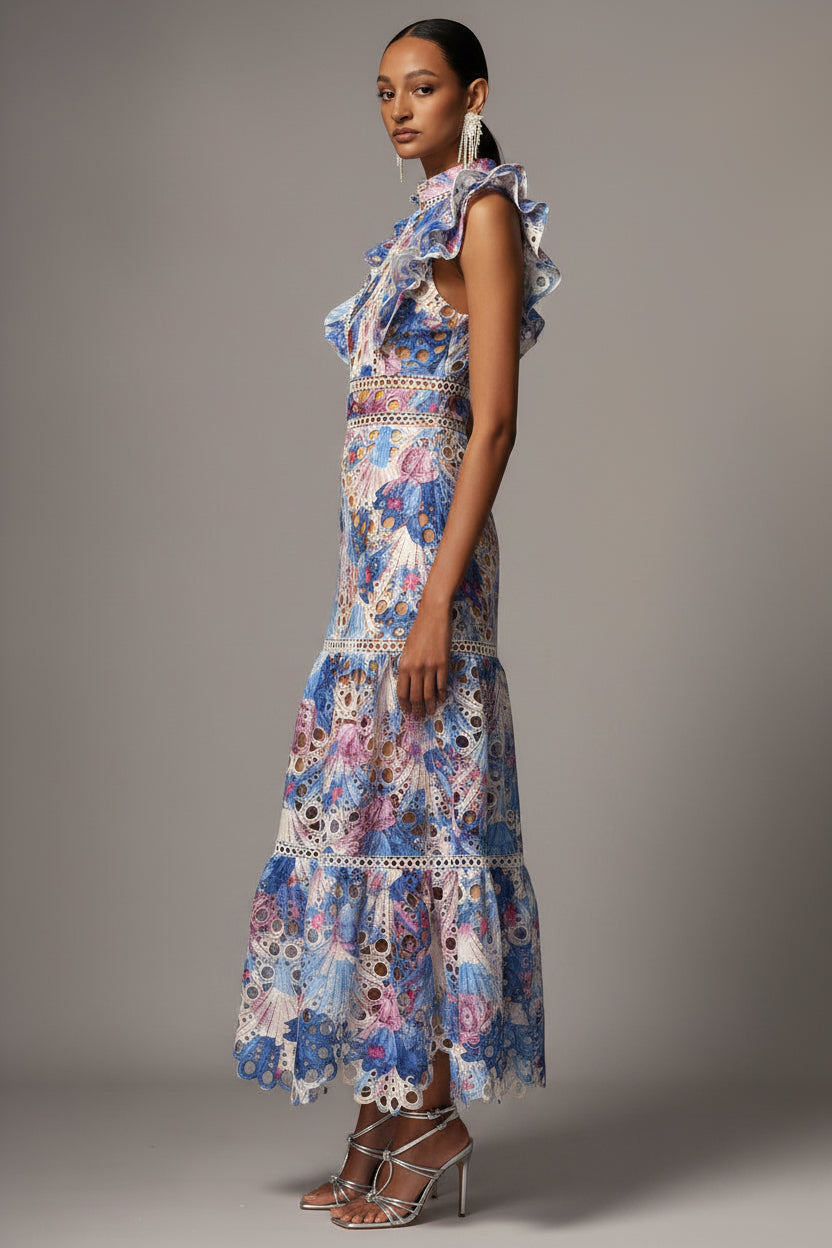 Flore Printed Lace Ruffle Midi Dress