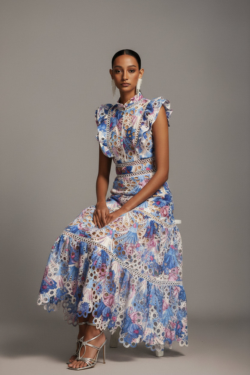 Flore Printed Lace Ruffle Midi Dress