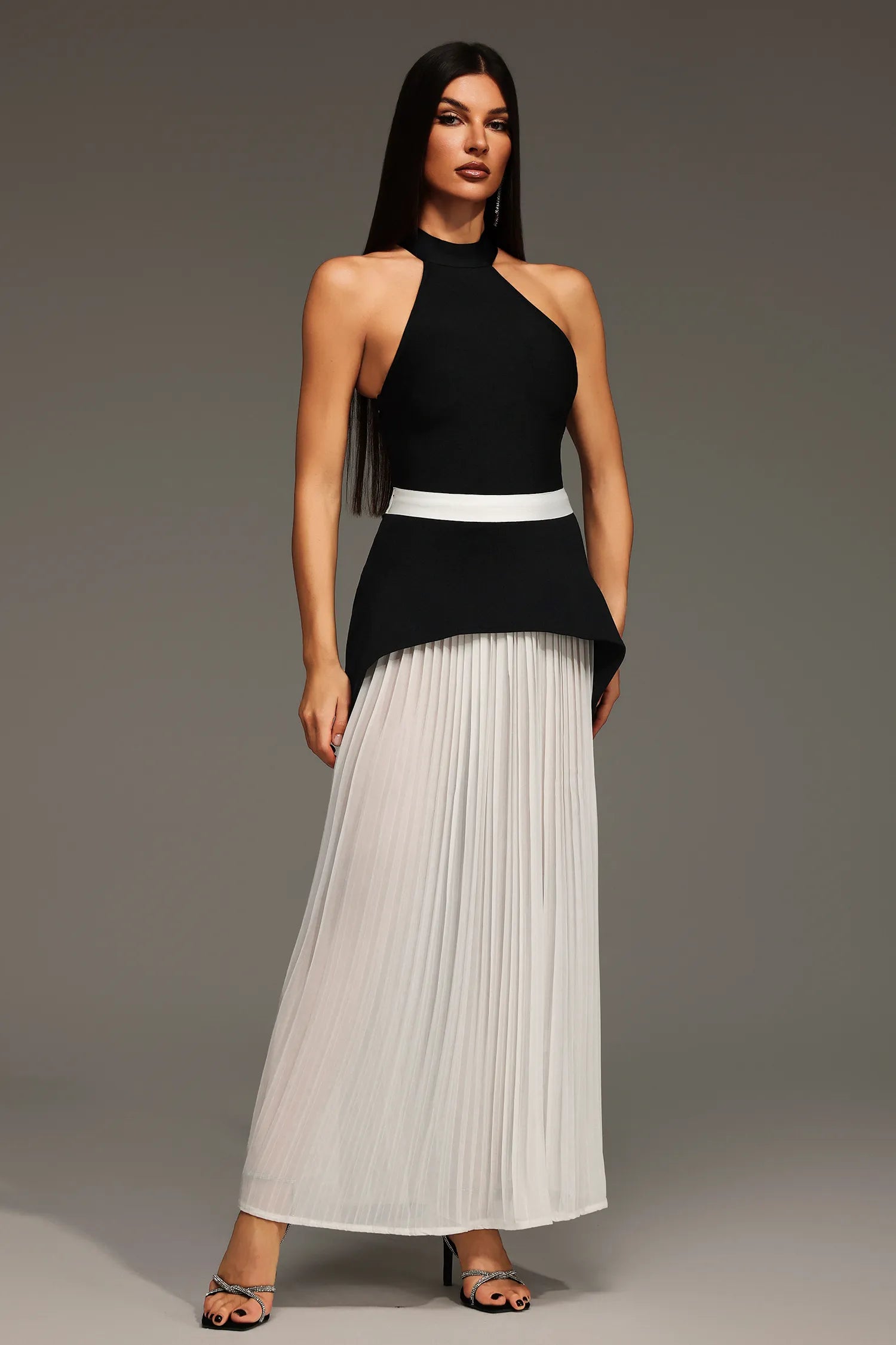 LLstyle Black & White Halter Pleated Maxi Dress