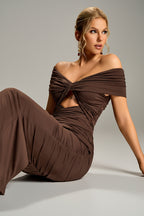 Jennifer Ruched Off-Shoulder Cutout Gown