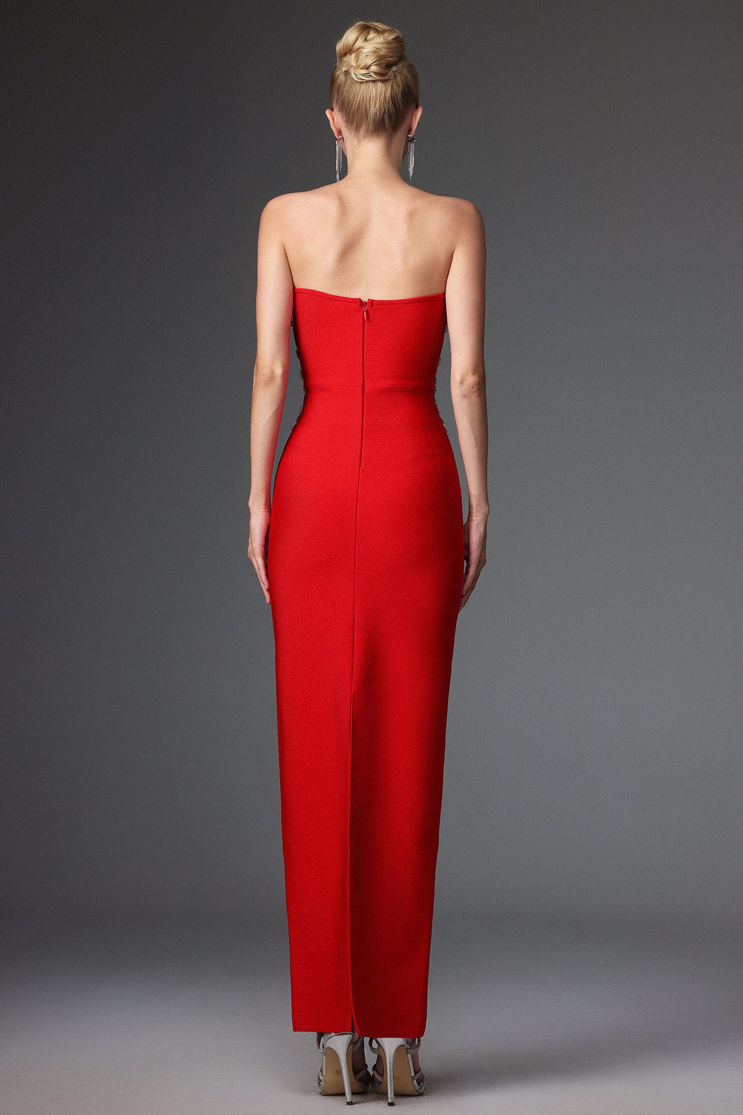 LLstyle Radiant Red Strapless Crystal-Embellished Gown
