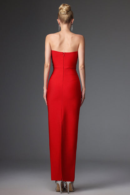 LLstyle Radiant Red Strapless Crystal-Embellished Gown