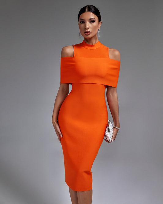LLstyle Orange Cutout Shoulder Midi Dress