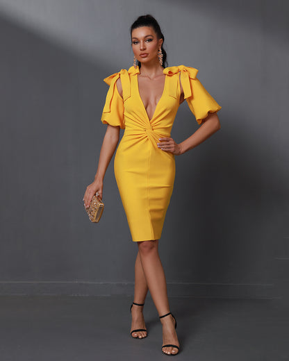 LLstyle Yellow Puff-Sleeve Bow Detail Midi Dress