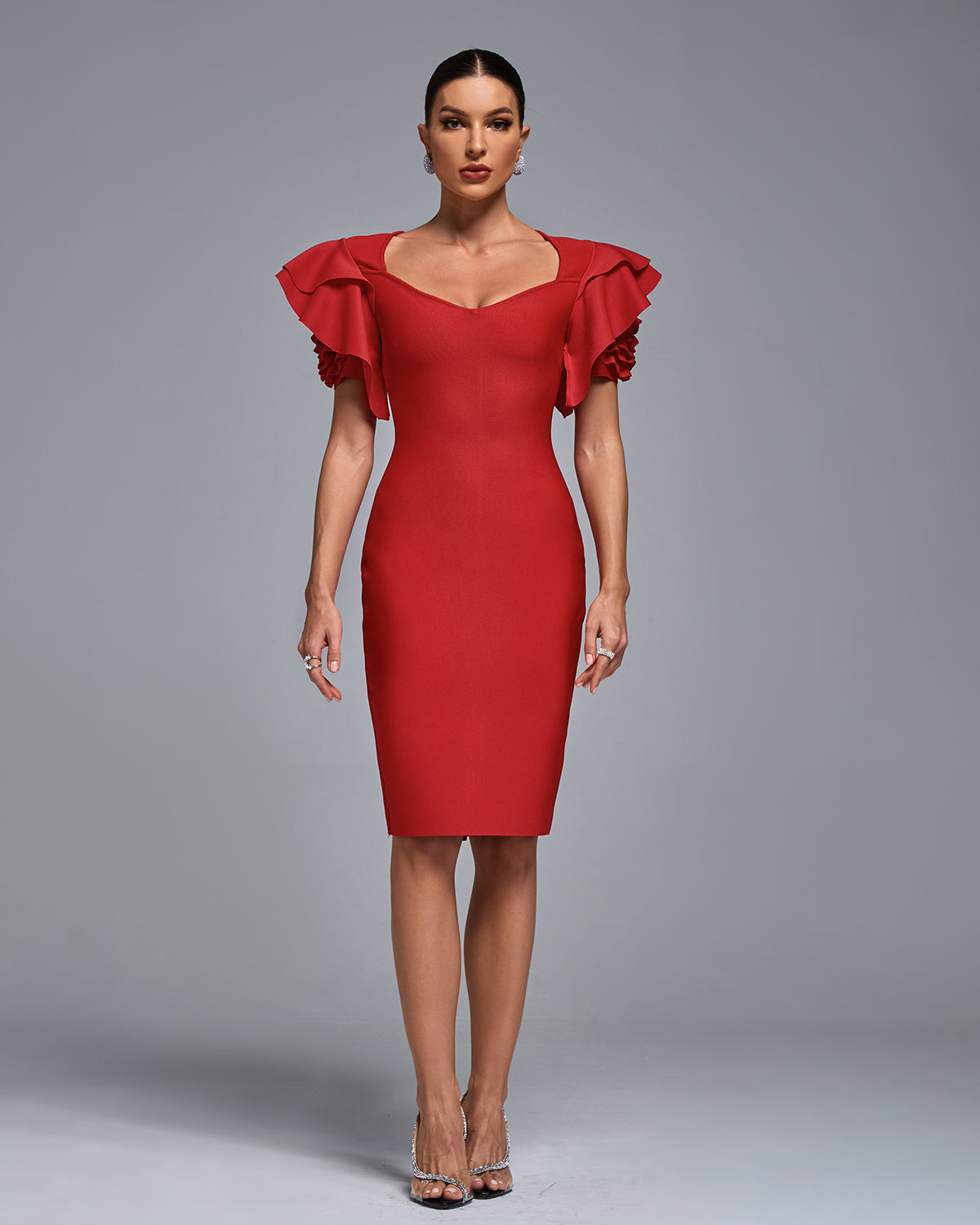LLstyle Red Ruffle Sleeve Midi Dress