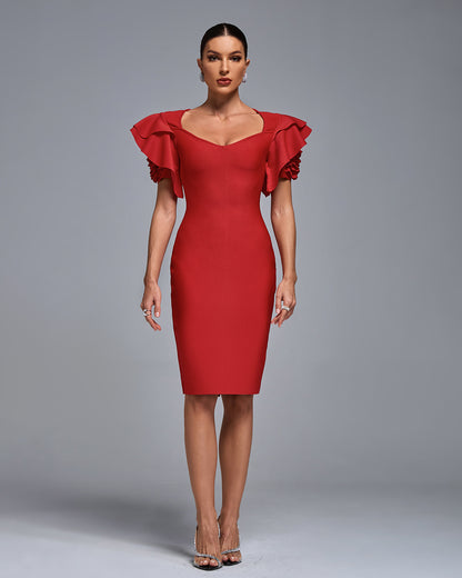 LLstyle Red Ruffle Sleeve Midi Dress