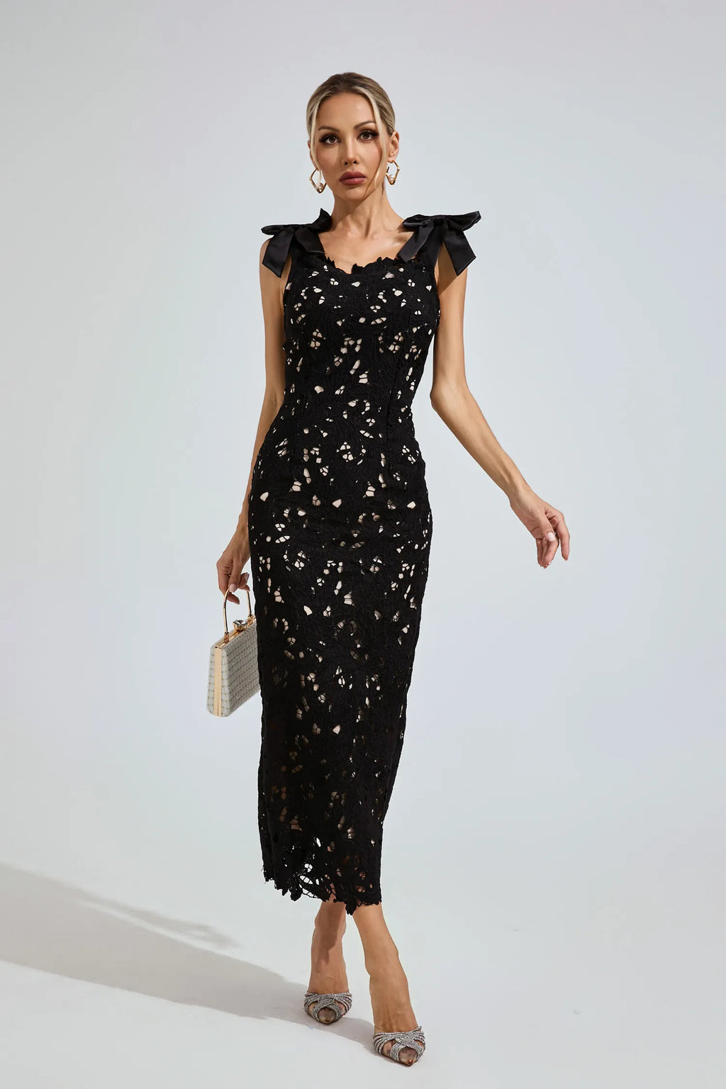 Galilea Black Lace Bow-Shoulder Midi Dress