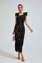 Galilea Black Lace Bow-Shoulder Midi Dress