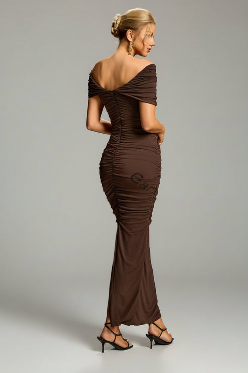 Jennifer Ruched Off-Shoulder Cutout Gown