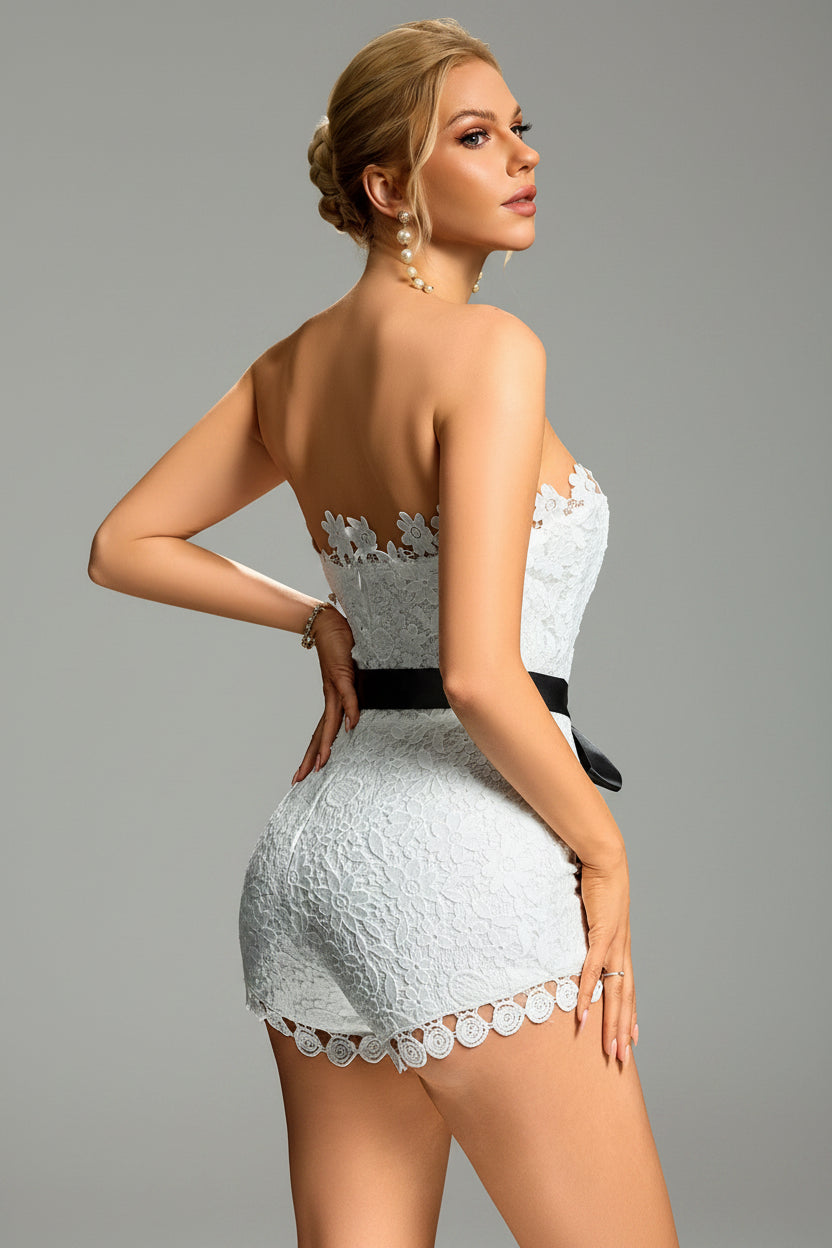 Lace Ribbon Strapless Mini Dress