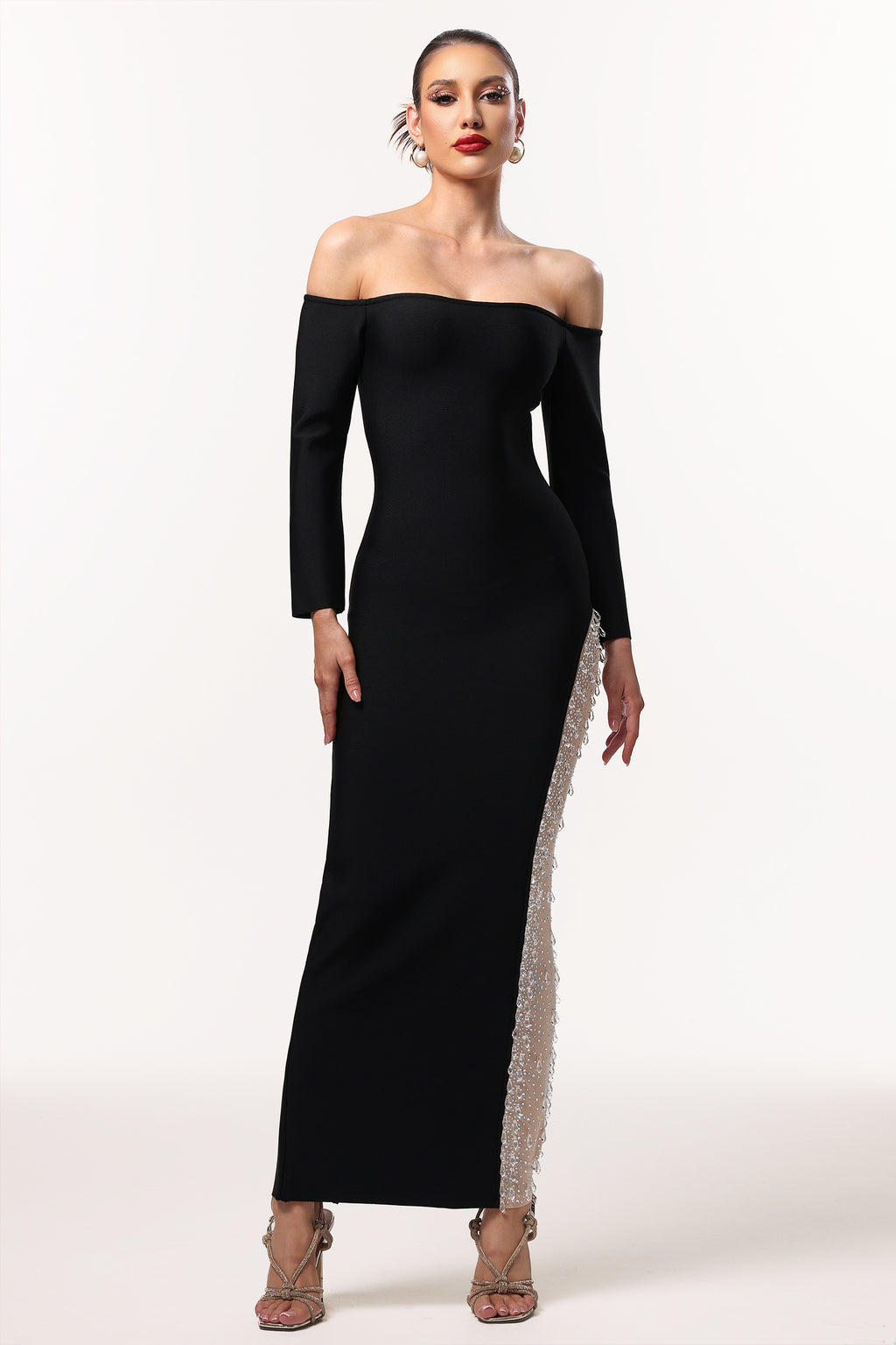 LLstyle Black Off-Shoulder Maxi Dress with Embellished Side Panel
