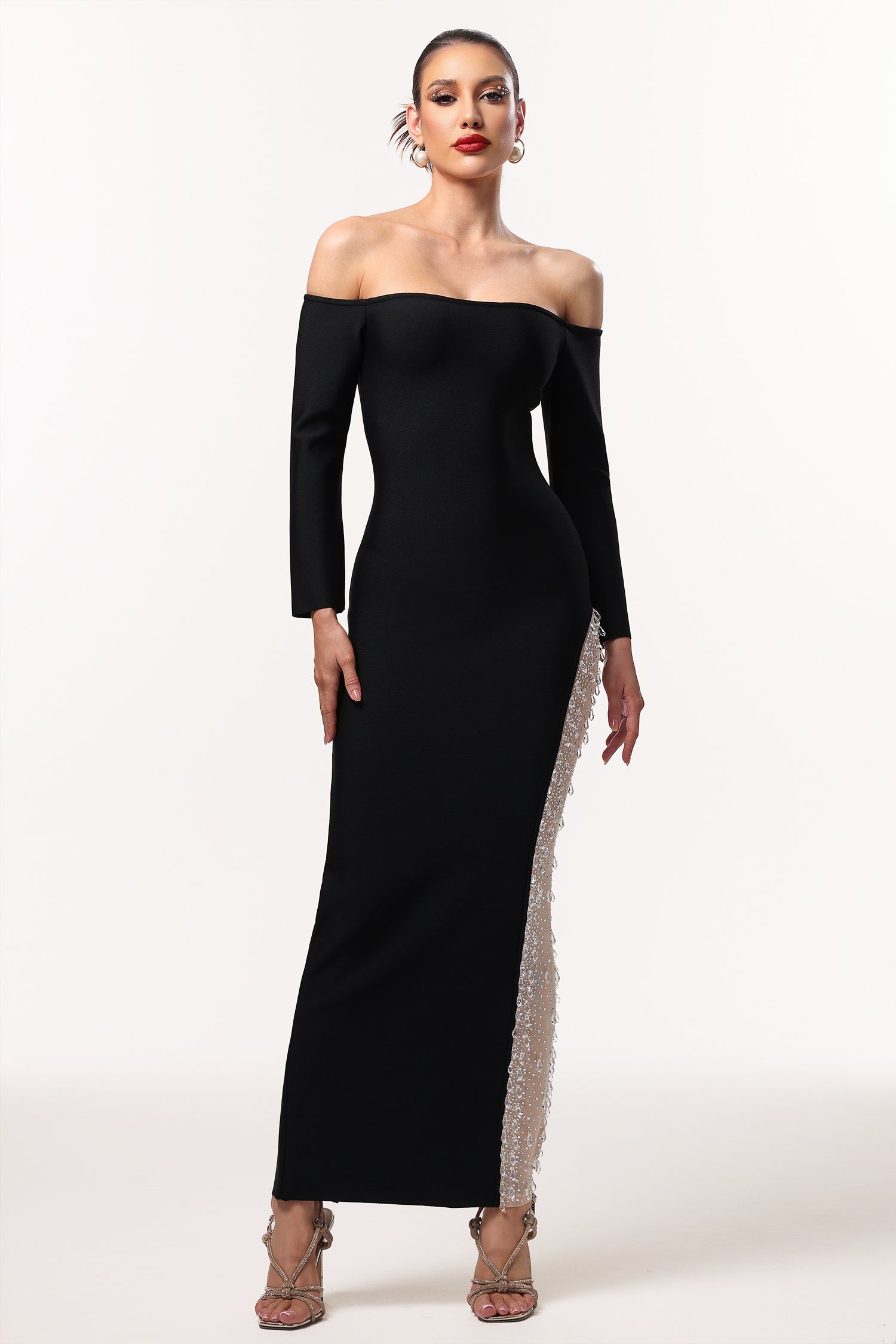 LLstyle Black Off-Shoulder Maxi Dress with Embellished Side Panel
