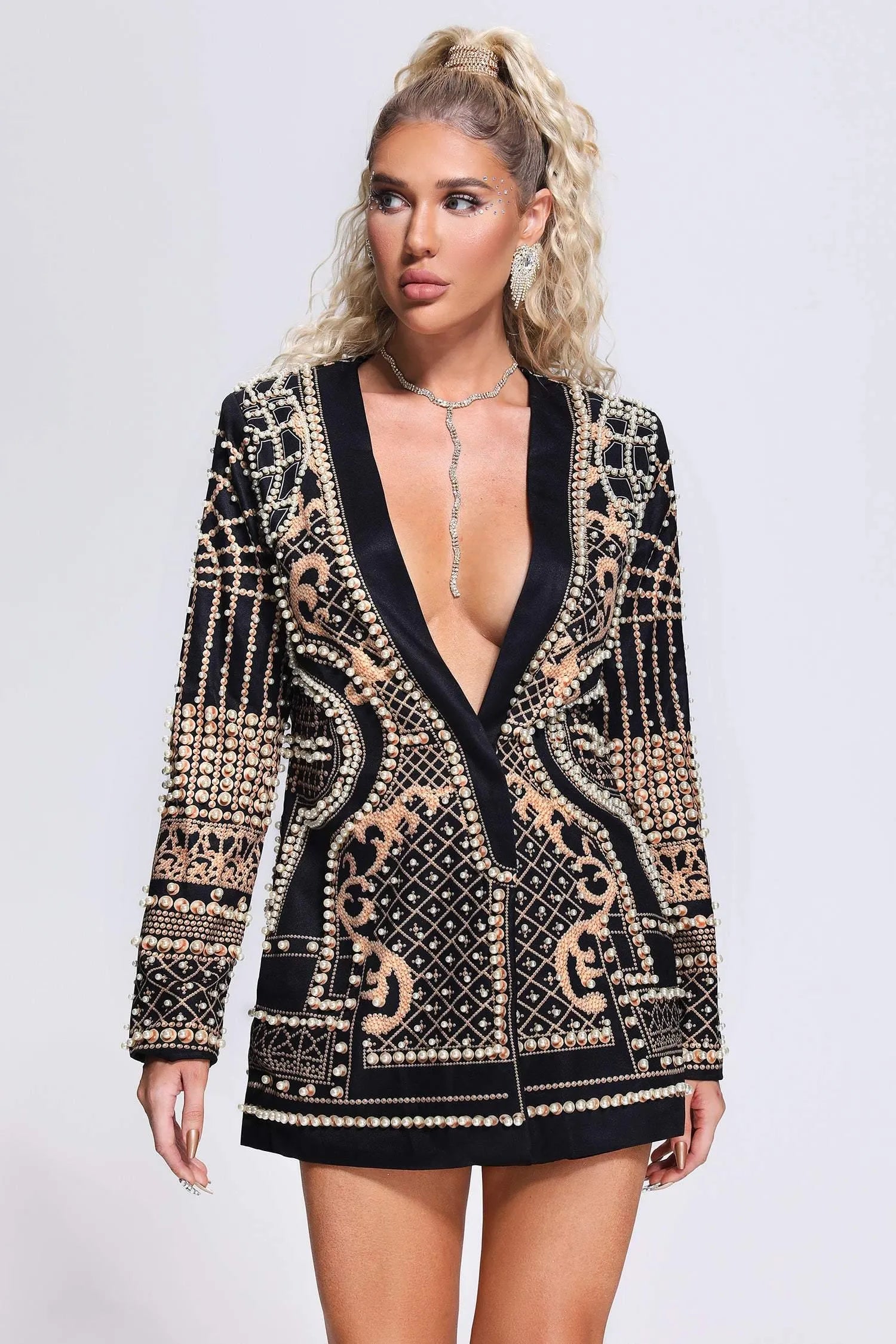 LLstyle Embellished Deep V-Neck Blazer Dress