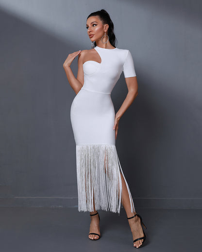 LLstyle White Fringe One Shoulder Dress