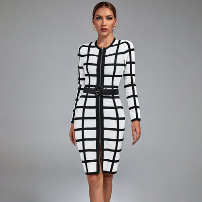 LLstyle Black and White Grid Belted Dress