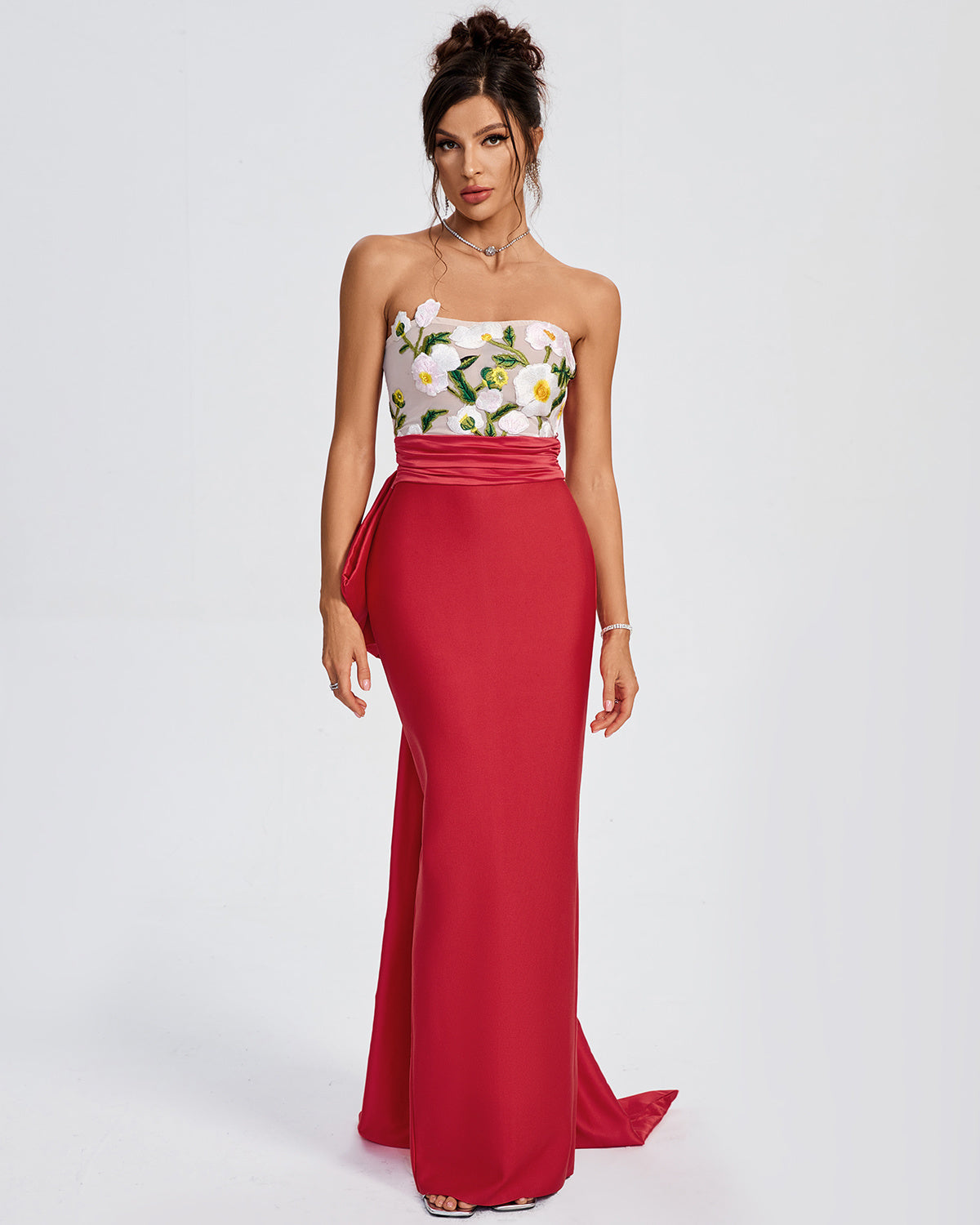 LLstyle Floral Embroidered Strapless Red Gown