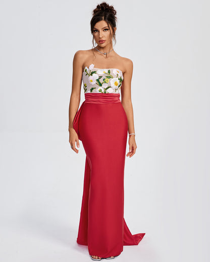LLstyle Floral Embroidered Strapless Red Gown